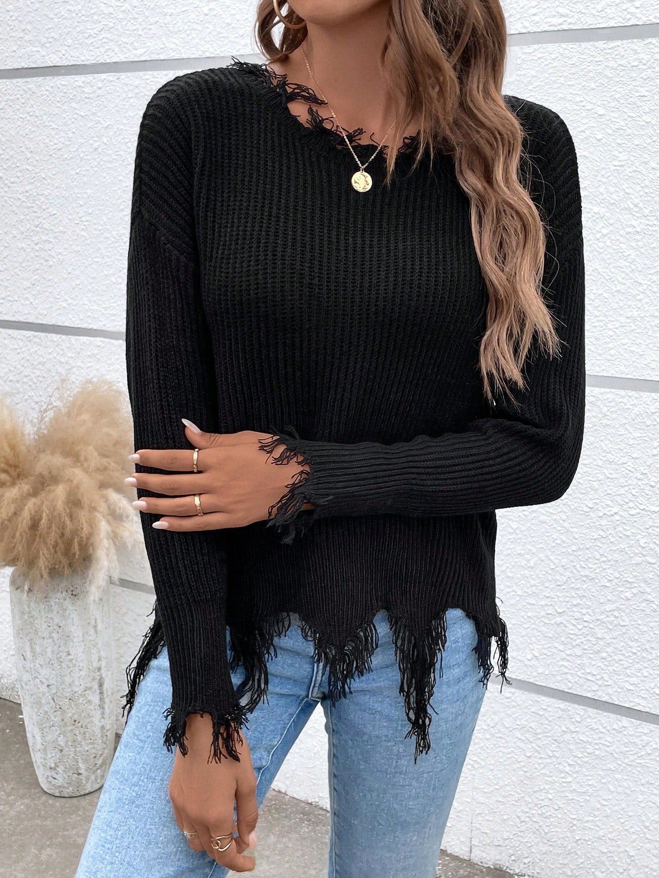 SHEIN LUNE Drop Shoulder Distressed Fringe Trim Sweater,Long Sleeve Tops