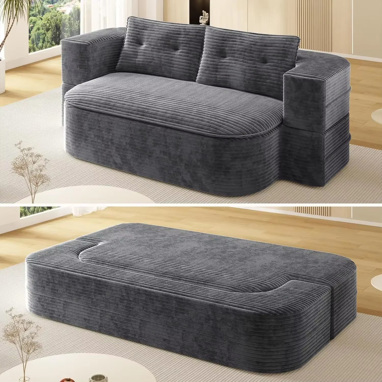 80\" King Size Convertible Sofa Bed Corduroy Chaise Lounge Loveseat with Cloud Mattress Folding Design for Extra Comfort