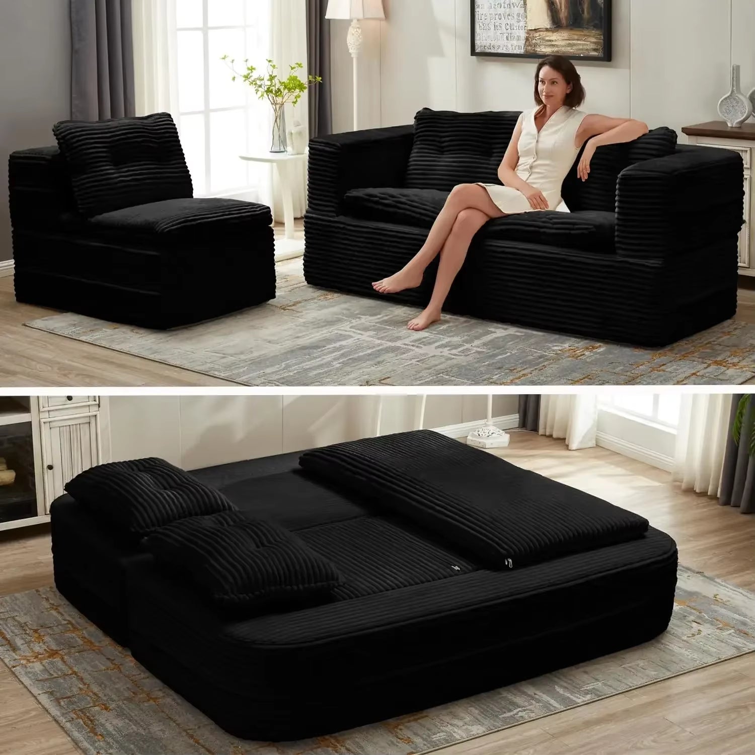 80\" King Size Convertible Sofa Bed Corduroy Chaise Lounge Loveseat with Cloud Mattress Folding Design for Extra Comfort