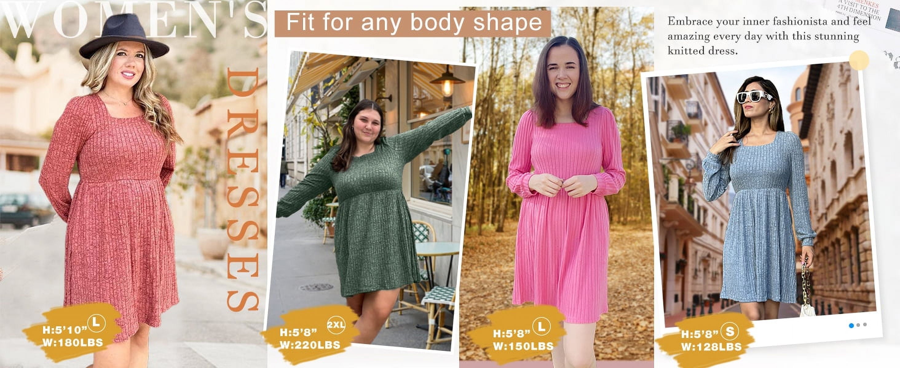 Dresses for Women Fall Square Neck Long Sleeve Knee Length Dress with Pockets