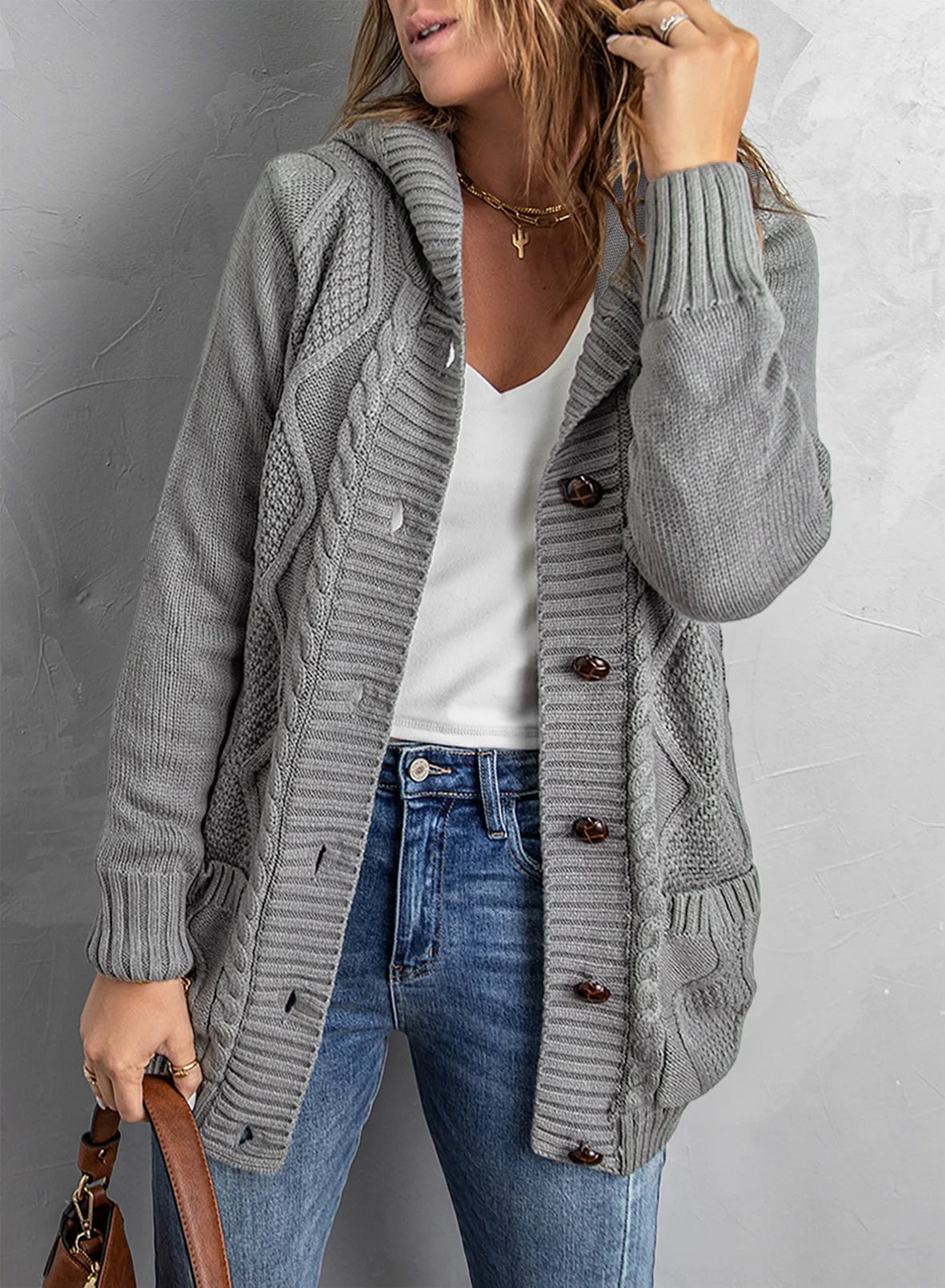 Hooded Cardigan Sweaters for Women Long Sleeve Button down Knit Sweater Coat Outwear with Pockets