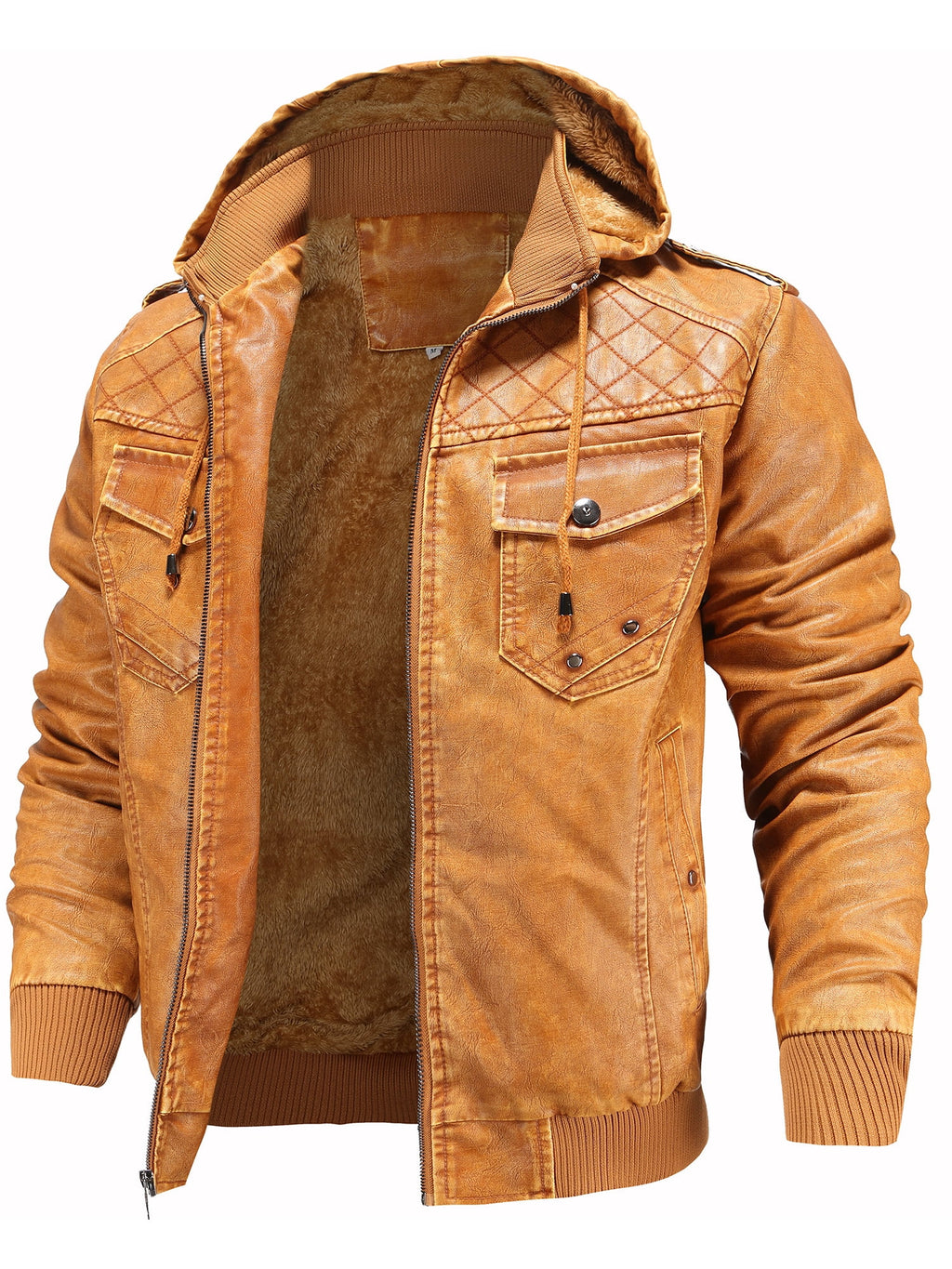 Men’S Leather Jacket and Coats Casual Stand Collar Vintage PU Faux Leather Zip-Up Motorcycle Bomber Jacket with Removable Hood Black S