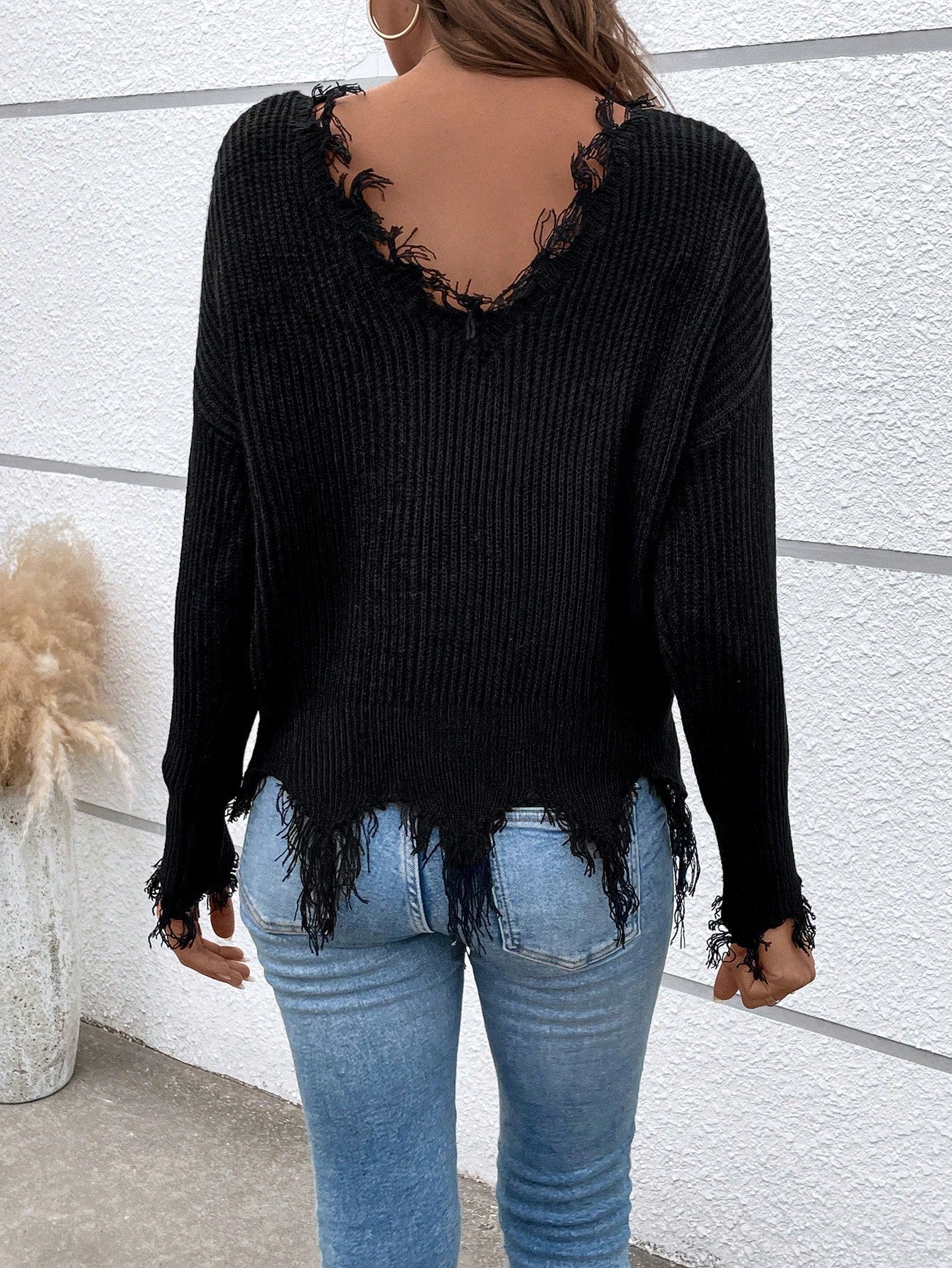 SHEIN LUNE Drop Shoulder Distressed Fringe Trim Sweater,Long Sleeve Tops