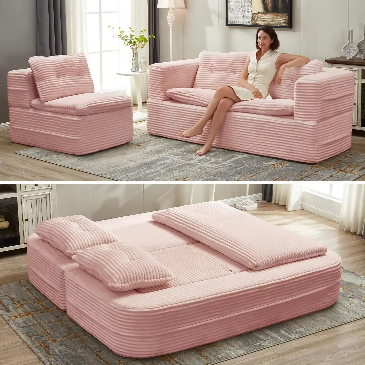 80\" King Size Convertible Sofa Bed Corduroy Chaise Lounge Loveseat with Cloud Mattress Folding Design for Extra Comfort