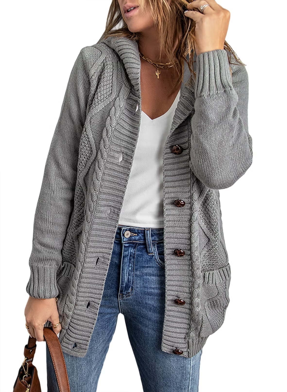Hooded Cardigan Sweaters for Women Long Sleeve Button down Knit Sweater Coat Outwear with Pockets