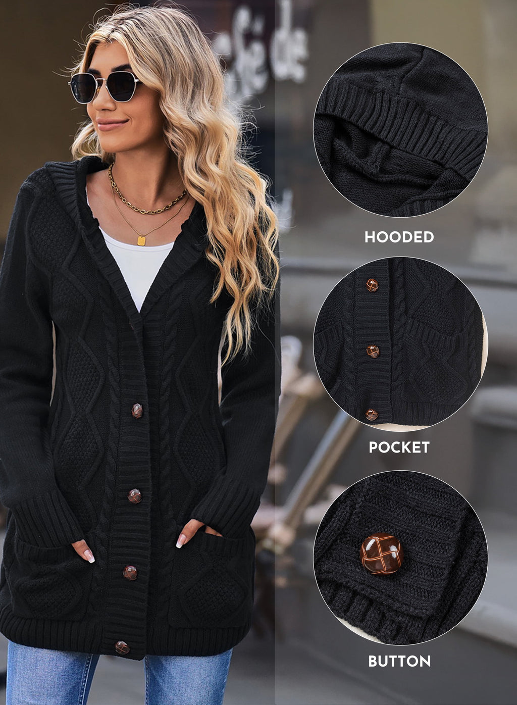 Hooded Cardigan Sweaters for Women Long Sleeve Button down Knit Sweater Coat Outwear with Pockets