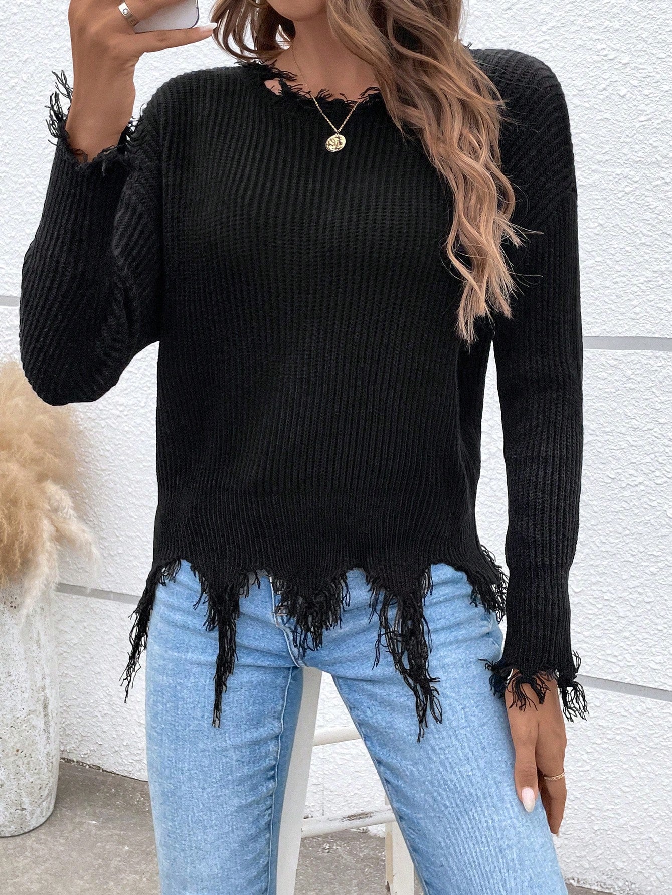 SHEIN LUNE Drop Shoulder Distressed Fringe Trim Sweater,Long Sleeve Tops